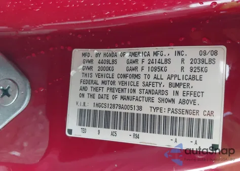 2009 Honda Accord 2.4 Ex-L z USA, uszkodzony, nr VIN 1HGCS12879A005138